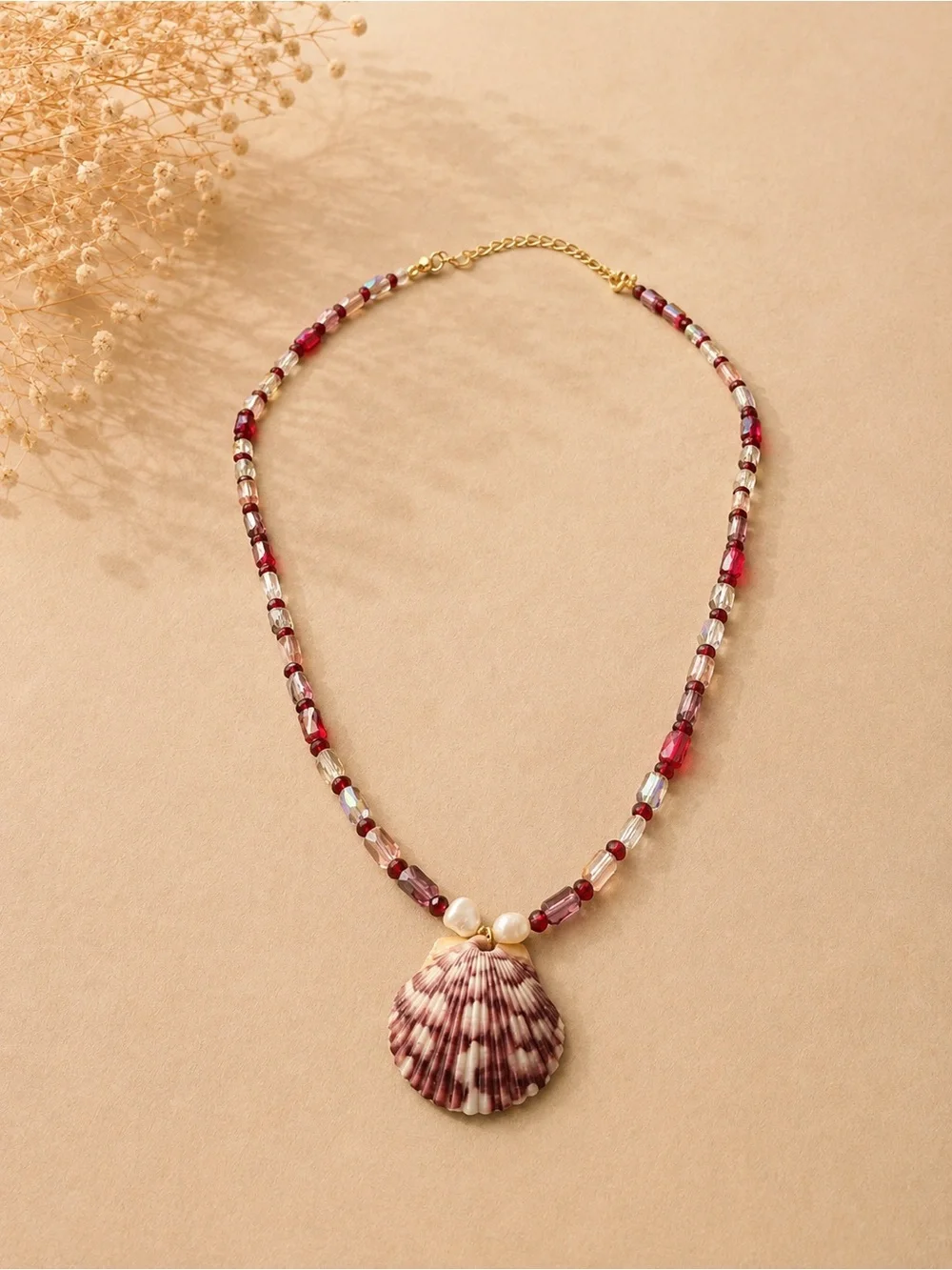 Sea Shell Pendant Beaded Necklace - holographic colors